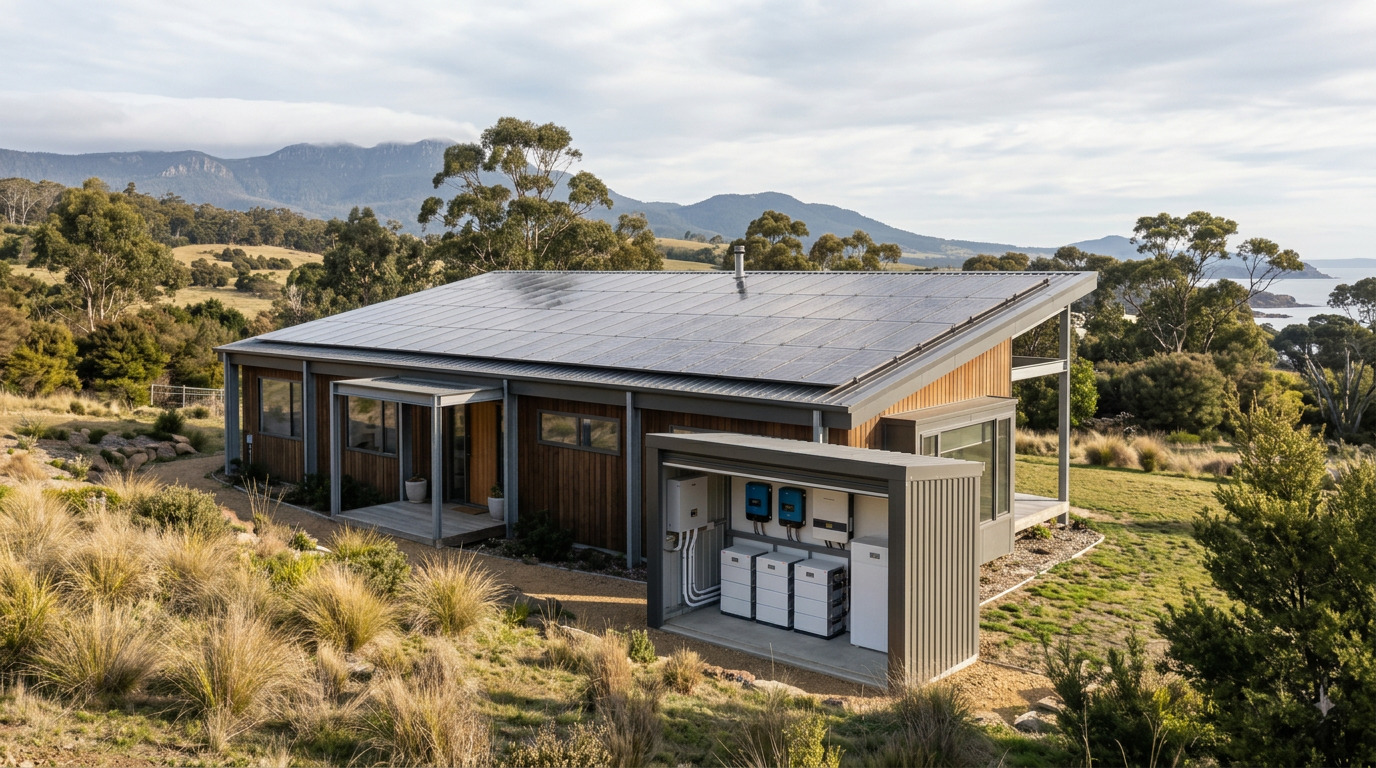 Modern rural home featuring a complete off-grid setup in Tasmania, showcasing a large rooftop array of solar panels and an exterior enclosure for battery storage and inverters, designed by Expert Energy Tasmania