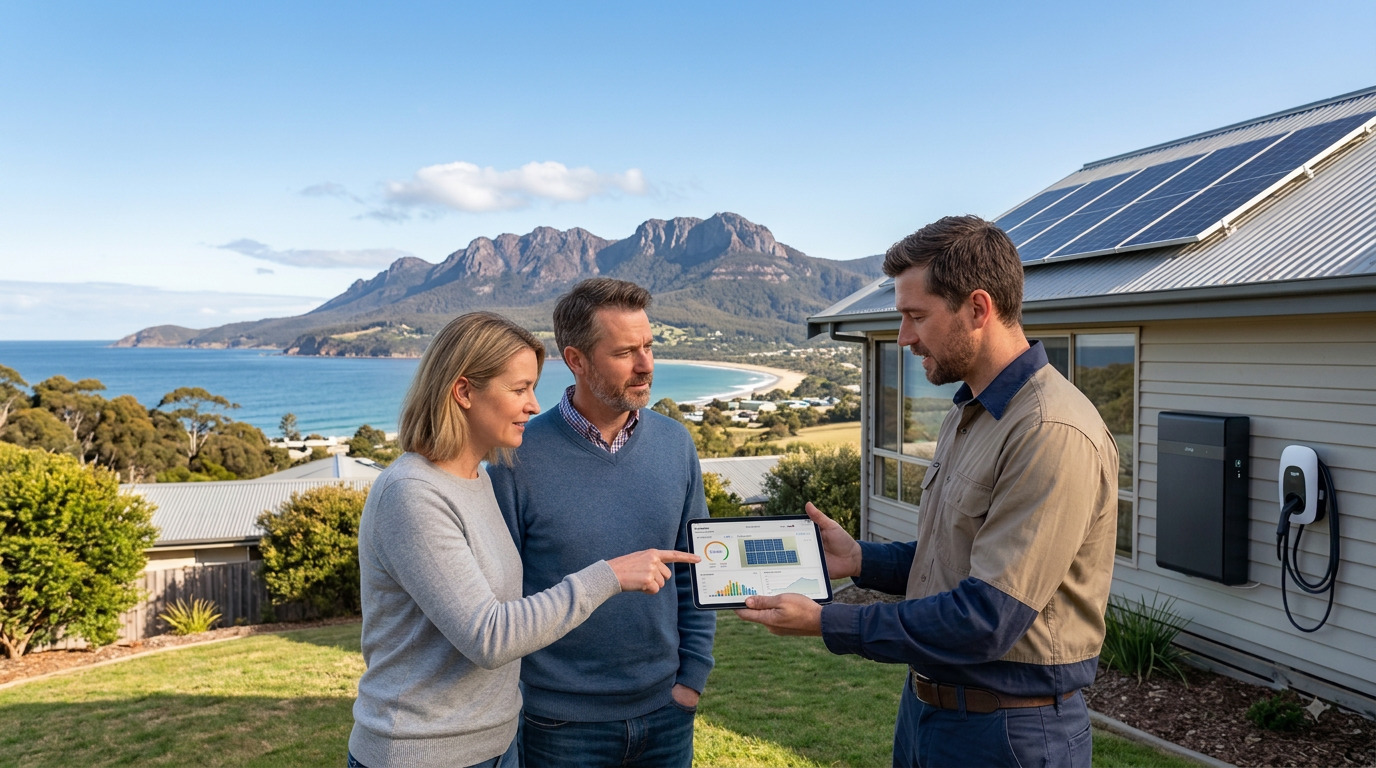 Solar installer in Tasmania reviewing system performance with homeowners on a tablet
